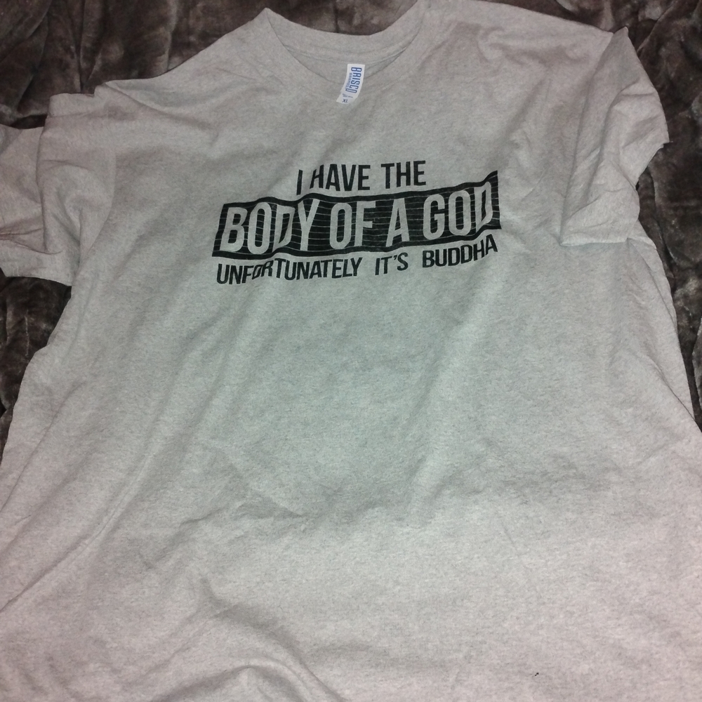 Men's Gray Graphic Tee - Humorous Buddha Design